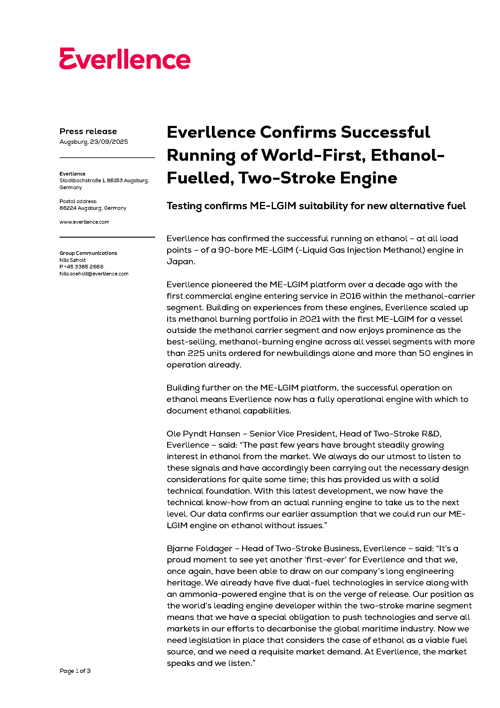 Everllence Confirms Successful Running of World-First, Ethanol-Fuelled, Two-Stroke Engine